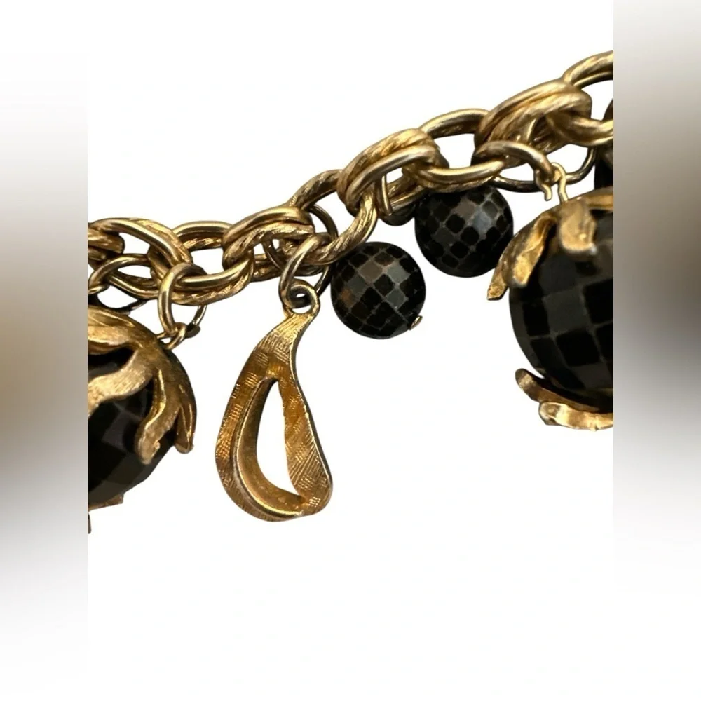 Black Faceted Resin Bead and Gold Bracelet Vintage